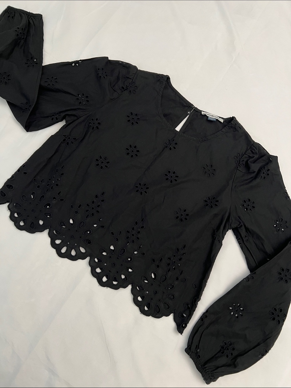 American Eagle Black Eyelet Embroidered Puff Sleeve Cotton Blouse Top XS